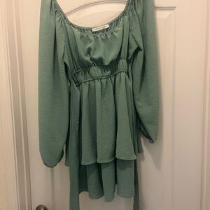 Altard State Sage Green Tiered Long Sleeve Mini Dress